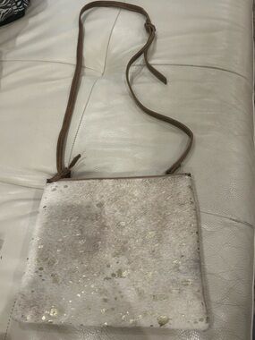 Gold Flecked Ivory Crossbody Bag with Brown Strap Hair on Leather!